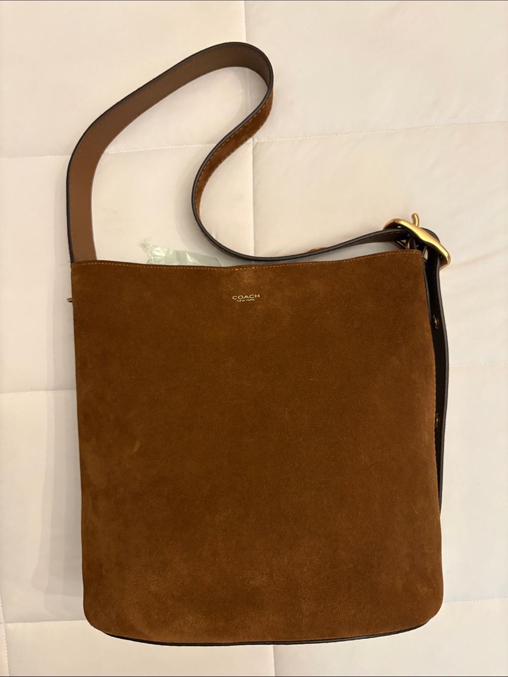 Coach women's Suede bucket Bag in warm brown with Gold Hardware